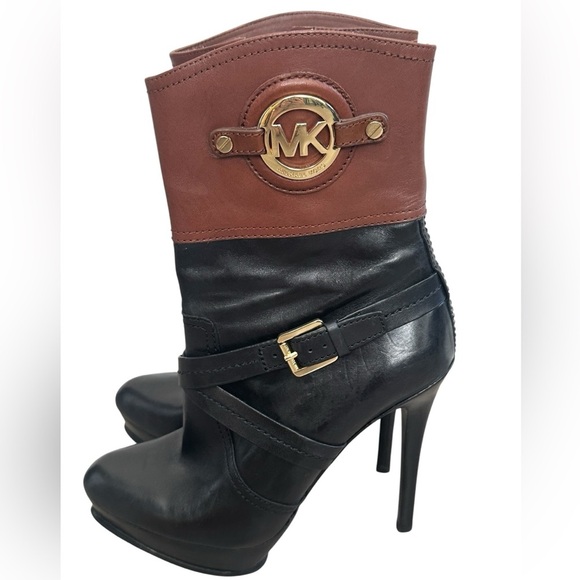 Michael Kors Stockard two tone boots sz 9 Black and brown leather stiletto Heel - Picture 2 of 7